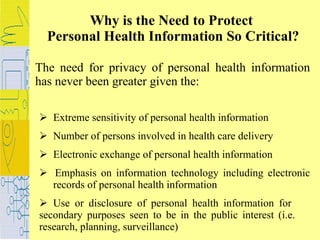 Why is the Need to Protect  Personal Health Information So Critical? <ul><li>The need for privacy of personal health infor...