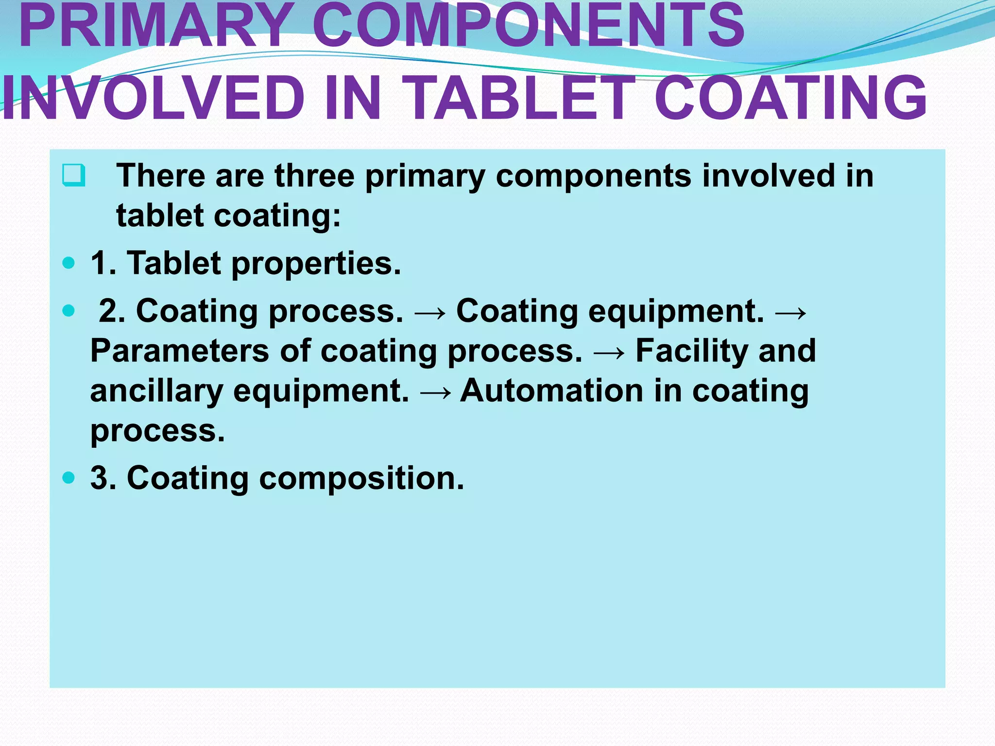 PRIMARY COMPONENTS
INVOLVED IN TABLET COATING
  There are three primary components involved in
     tablet coating:
  1. Tablet properties.
  2. Coating process. → Coating equipment. →
   Parameters of coating process. → Facility and
   ancillary equipment. → Automation in coating
   process.
  3. Coating composition.
 