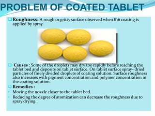 PROBLEM OF COATED TABLET
  Roughness: A rough or gritty surface observed when the coating is
   applied by spray.




  Causes : Some of the droplets may dry too rapidly before reaching the
   tablet bed and deposits on tablet surface. On tablet surface spray- dried
   particles of finely divided droplets of coating solution. Surface roughness
   also increases with pigment concentration and polymer concentration in
   the coating solution.
  Remedies :
 • Moving the nozzle closer to the tablet bed.
 • Reducing the degree of atomization can decrease the roughness due to
   spray drying .
 