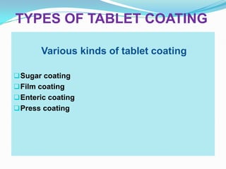 TYPES OF TABLET COATING

       Various kinds of tablet coating

 Sugar coating
 Film coating
 Enteric coating
 Press coating
 