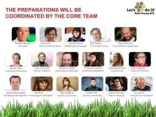 THE PREPARATIONS WILL BE COORDINATED BY THE CORE TEAM Rainer Nõlvak  Visionaire Tiina Urm  PR & Communications Anneli Ohvril  Marketing & Campaign Ahti Heinla  IT & Programming Nara Petrovic  Coordination & Awareness Marie Talts  Corporate Partnership Eva Truuverk  Partner Relations Heikki H. Attila  Awareness & Motivation Toomas Trapido  Dreaming & Mailinlists Kaia-Kaire Hunt  Conferences Julie Clancier  Politics & Partners Ignas Brazauskas  Knowledge Management Auli Kütt  Homepage & mailinglists Agni Kaldma  Country Coordinator Irmelin Hiie  Country Coordinator Viktoria Kuusk  Finance Manager Tea Jänes  Internal Communication 12/22/11 