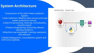 System Architecture
Components of the Solar Power prediction
System:
1.Data Collection: Weather data sources and solar
power production records.
2.Data Pre-processing: Cleaning, normalization,
transformation.
3.Feature Engineering: Extracting relevant
statistical patterns.
4.Machine Learning Model: Training, evaluation,
and selection.
5.Model Deployment: Live prediction system and
continuous updates.
 