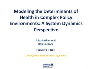 Modeling the Determinants of
Health in Complex Policy
Environments: A System Dynamics
Perspective
Aziza Mahamoud
Bob Gardner
February 14, 2013
Centre for Research on Inner City Health
1
 