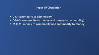 Types of Circulation
 C-C (commodity to commodity )
 C-M-C( commodity to money and money to commodity)
 M-C-M( money to commodity and commodity to money)
 