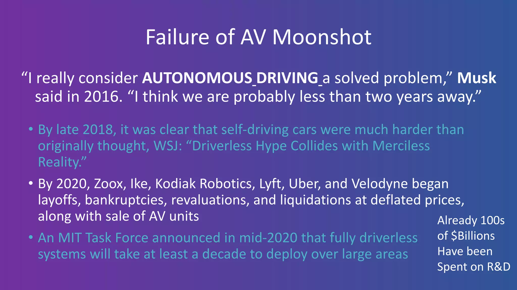 Failure of AV Moonshot
“I really consider AUTONOMOUS DRIVING a solved problem,” Musk
said in 2016. “I think we are probably less than two years away.”
• By late 2018, it was clear that self-driving cars were much harder than
originally thought, WSJ: “Driverless Hype Collides with Merciless
Reality.”
• By 2020, Zoox, Ike, Kodiak Robotics, Lyft, Uber, and Velodyne began
layoffs, bankruptcies, revaluations, and liquidations at deflated prices,
along with sale of AV units
• An MIT Task Force announced in mid-2020 that fully driverless
systems will take at least a decade to deploy over large areas
Already 100s
of $Billions
Have been
Spent on R&D
 