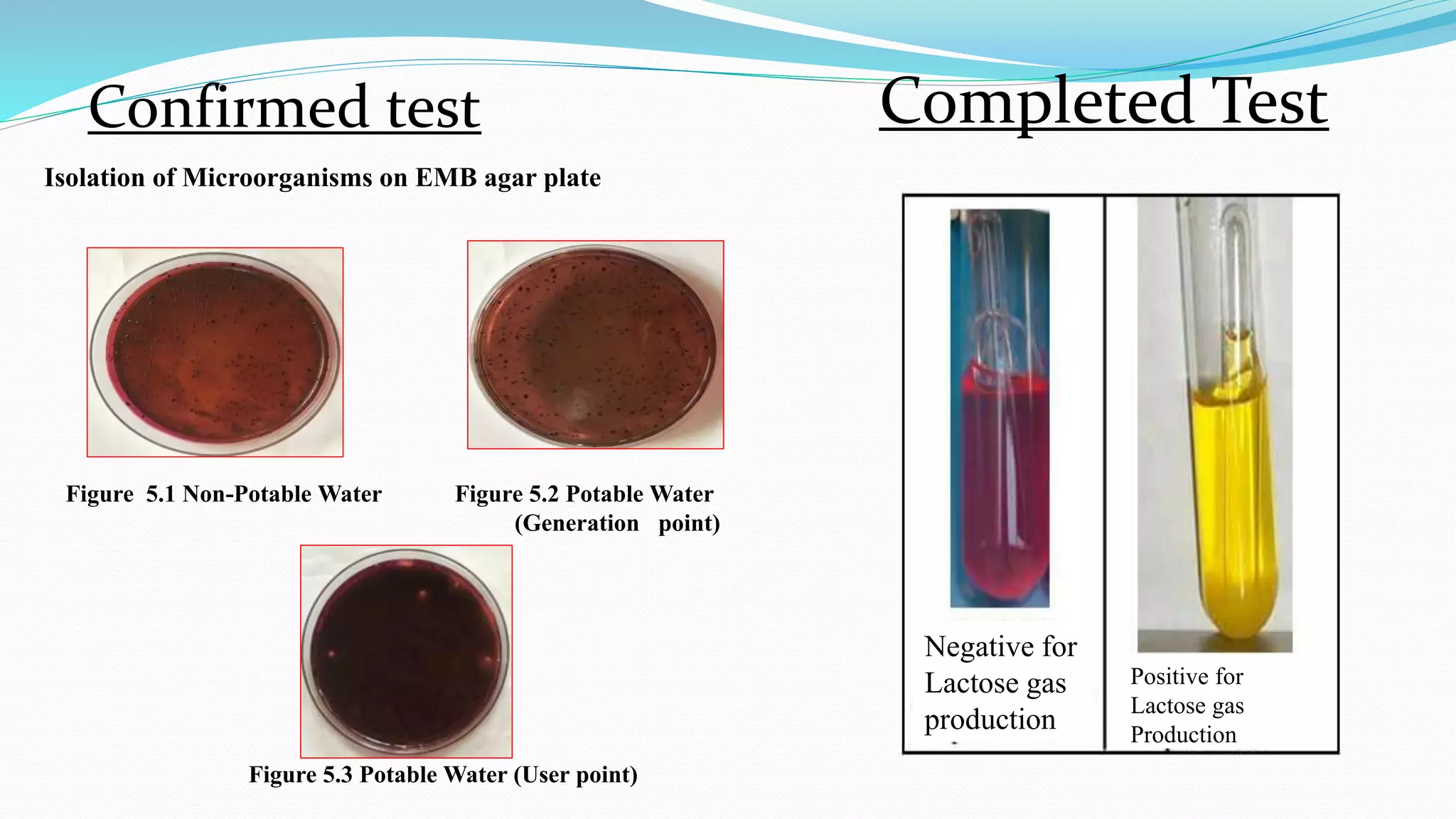 Confirmed test
Isolation of Microorganisms on EMB agar plate
Figure 5.1 Non-Potable Water Figure 5.2 Potable Water
(Generation point)
Figure 5.3 Potable Water (User point)
Completed Test
Negative for
Lactose gas
production
Positive for
Lactose gas
Production
 