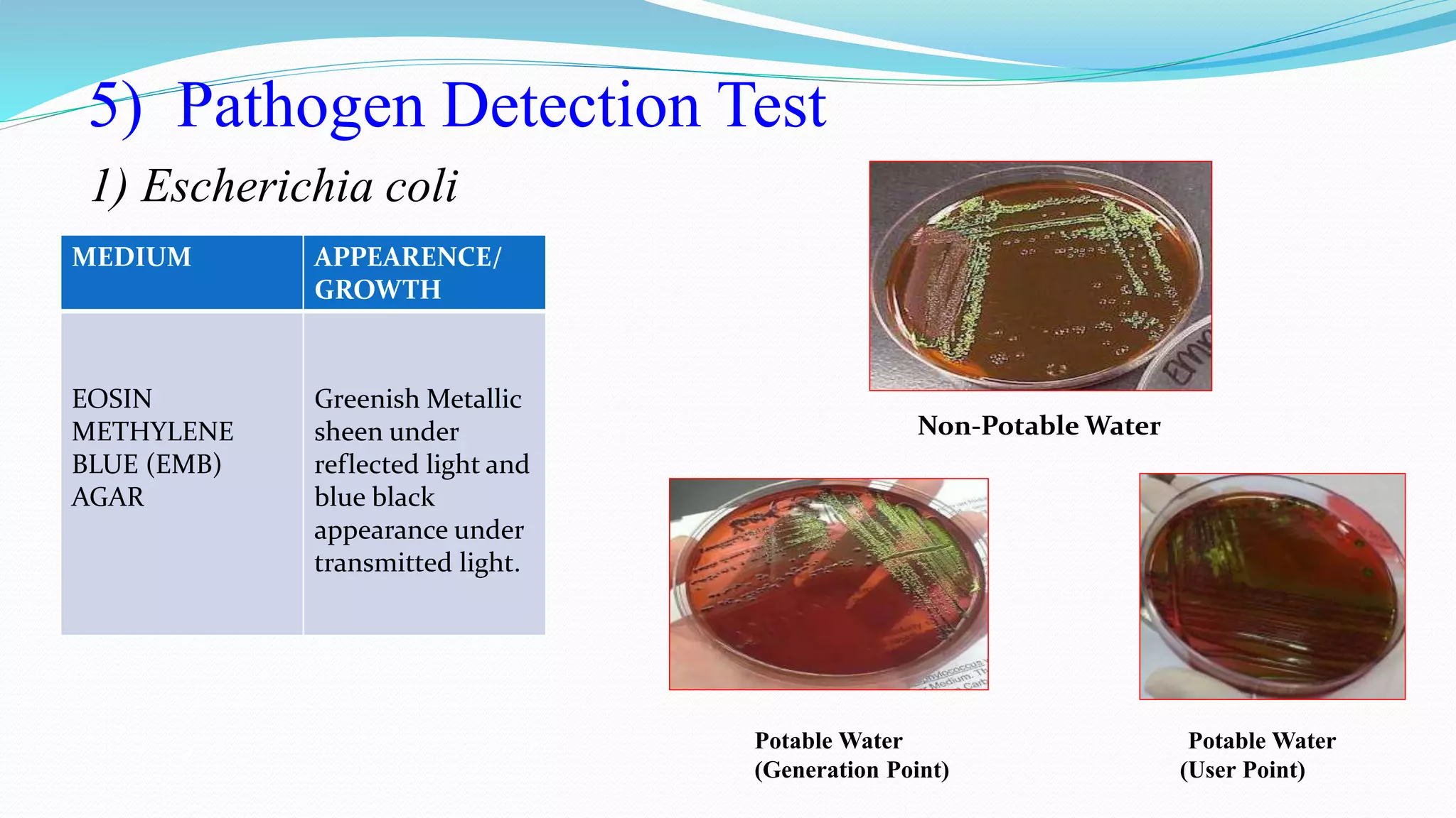 5) Pathogen Detection Test
MEDIUM APPEARENCE/
GROWTH
EOSIN
METHYLENE
BLUE (EMB)
AGAR
Greenish Metallic
sheen under
reflected light and
blue black
appearance under
transmitted light.
1) Escherichia coli
Non-Potable Water
Potable Water Potable Water
(Generation Point) (User Point)
 