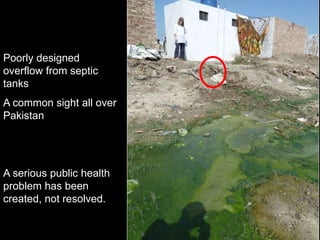 Poorly designed
overflow from septic
tanks
A common sight all over
Pakistan

A serious public health
problem has been
created, not resolved.

 