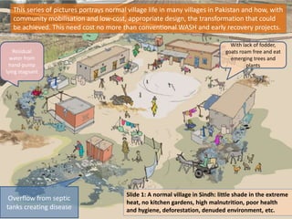This series of pictures portrays normal village life in many villages in Pakistan and how, with
community mobilisation and low-cost, appropriate design, the transformation that could
be achieved. This need cost no more than conventional WASH and early recovery projects.
Residual
water from
hand-pump
lying stagnant

Overflow from septic
tanks creating disease

With lack of fodder,
goats roam free and eat
emerging trees and
plants

Slide 1: A normal village in Sindh: little shade in the extreme
heat, no kitchen gardens, high malnutrition, poor health
and hygiene, deforestation, denuded environment, etc.

 