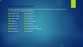 Tentative alignments have been decided upon for the three initial metro lines. Only Line 6, as of
27 June 2016, has a definite station layout.
Uttara North Agargaon
Uttara Center Bijoy Sarani
Uttara South Farmgate
Pallabi Karwan Bazar
Mirpur-11 Shahbag
Mirpur-10 Dhaka University
Kazipara Bangladesh Secretariat
Shewrapara Motijheel
Route Alignment List:
 