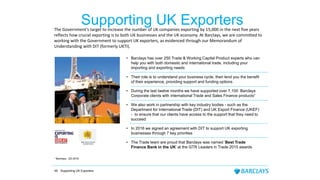• Barclays has over 250 Trade & Working Capital Product experts who can
help you with both domestic and international trade, including your
importing and exporting needs
• Their role is to understand your business cycle, then lend you the benefit
of their experience, providing support and funding options
• During the last twelve months we have supported over 7,100 Barclays
Corporate clients with international Trade and Sales Finance products¹
• We also work in partnership with key industry bodies - such as the
Department for International Trade (DIT) and UK Export Finance (UKEF)
- to ensure that our clients have access to the support that they need to
succeed
• In 2016 we signed an agreement with DIT to support UK exporting
businesses through 7 key priorities
• The Trade team are proud that Barclays was named ‘Best Trade
Finance Bank in the UK’ at the GTR Leaders in Trade 2015 awards
Supporting UK ExportersThe Government’s target to increase the number of UK companies exporting by 15,000 in the next five years
reflects how crucial exporting is to both UK businesses and the UK economy. At Barclays, we are committed to
working with the Government to support UK exporters, as evidenced through our Memorandum of
Understanding with DIT (formerly UKTI).
¹ Barclays, Q3 2016
49 Supporting UK Exporters
 