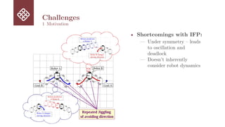 Challenges
1 Motivation
• Shortcomings with IFP:
— Under symmetry – leads
to oscillation and
deadlock
— Doesn’t inherently
consider robot dynamics
 