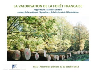 LA VALORISATION DE LA FORÊT FRANCAISE
                    Rapporteure : Marie de L’Estoile
  au nom de la section de l’Agriculture, de la Pêche et de l’Alimentation




                    CESE - Assemblée plénière du 10 octobre 2012
 