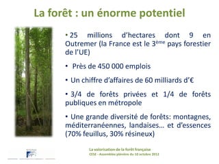 La forêt : un énorme potentiel
      • 25 millions d’hectares dont 9 en
      Outremer (la France est le 3ème pays foresti...