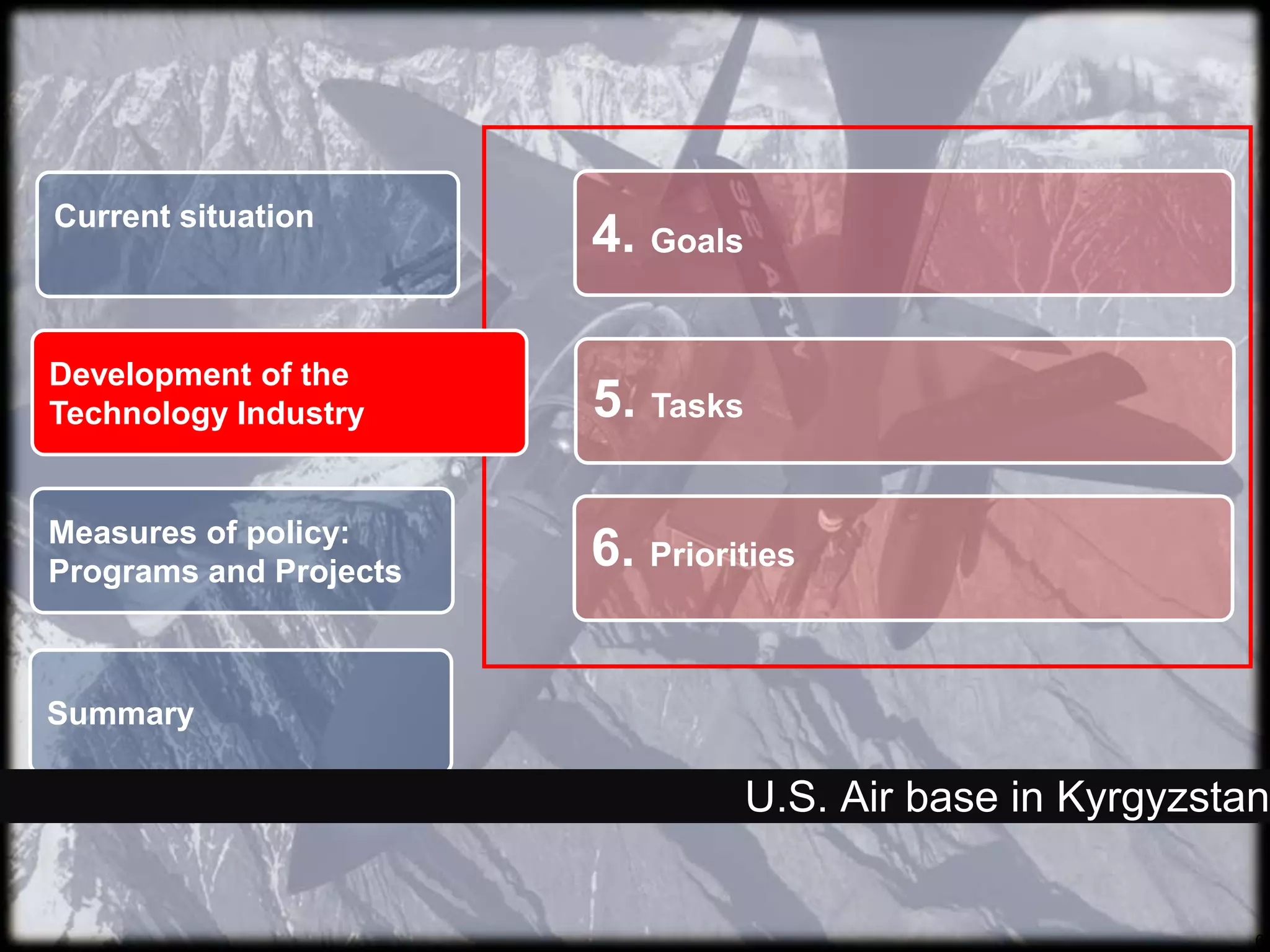 64. GoalsCurrent situationDevelopment of the Technology Industry 5. TasksMeasures of policy: Programs and Projects6. PrioritiesSummaryU.S. Air base in Kyrgyzstan