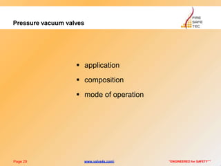 Pressure vacuum valves
Page 29 “ENGINEERED for SAFETY””
 application
 composition
 mode of operation
www.valve4s.com
 