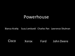 Powerhouse
Bianca Kratky

Cisco

Suzy Lombardi Charles Pan Lawrence Shulman

Xerox

Ford

John Deere

 