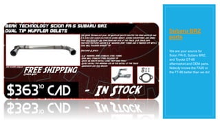 Subaru BRZ
parts
We are your source for
Scion FR-S, Subaru BRZ,
and Toyota GT-86
aftermarket and OEM parts.
Nobody knows the FA20 or
the FT-86 better than we do!
 