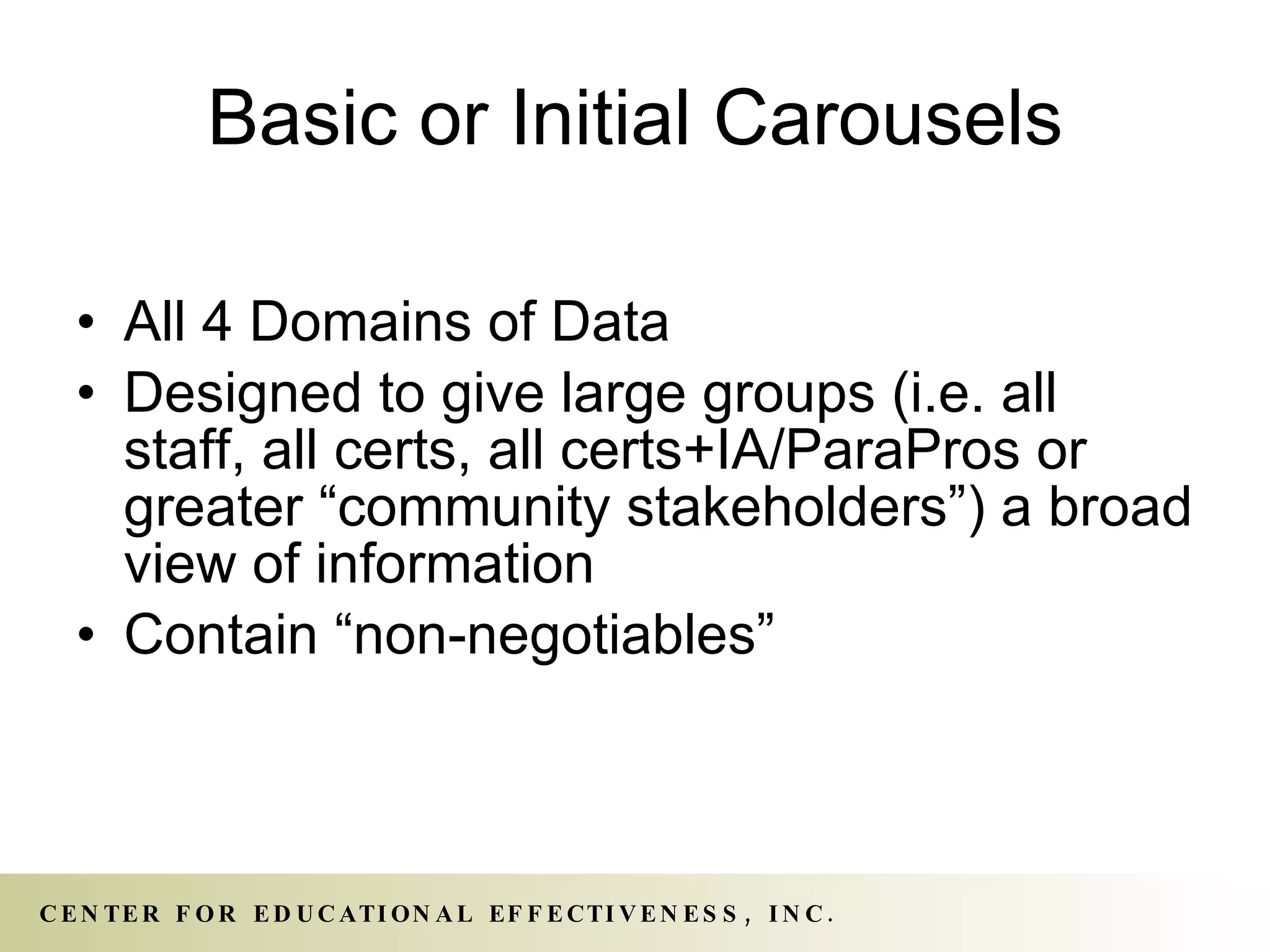 Basic or Initial Carousels All 4 Domains of Data Designed to give large groups (i.e. all staff, all certs, all certs+IA/ParaPros or greater “community stakeholders”) a broad view of information Contain “non-negotiables” 