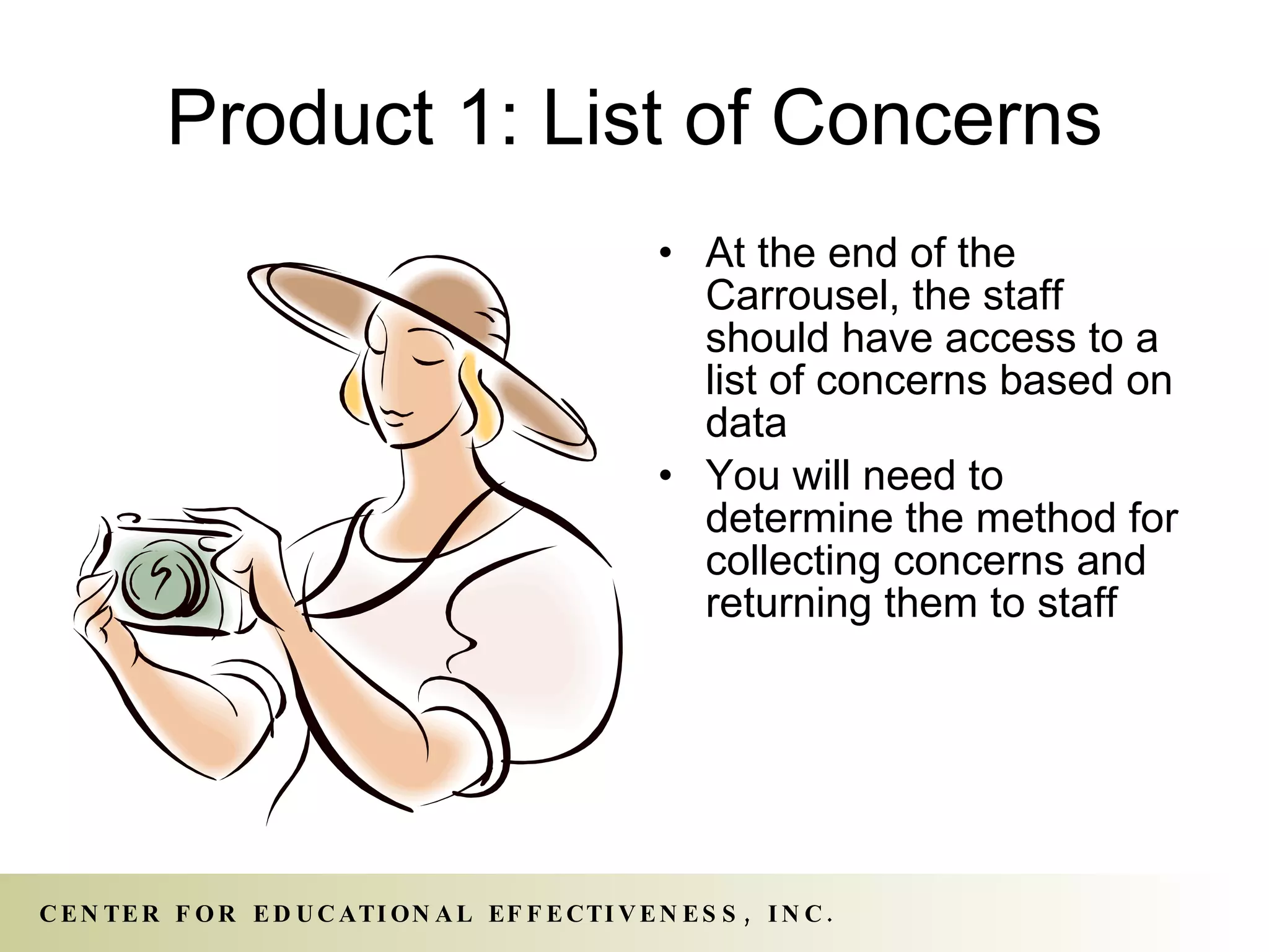 Product 1: List of Concerns At the end of the Carrousel, the staff should have access to a list of concerns based on data You will need to determine the method for collecting concerns and returning them to staff 