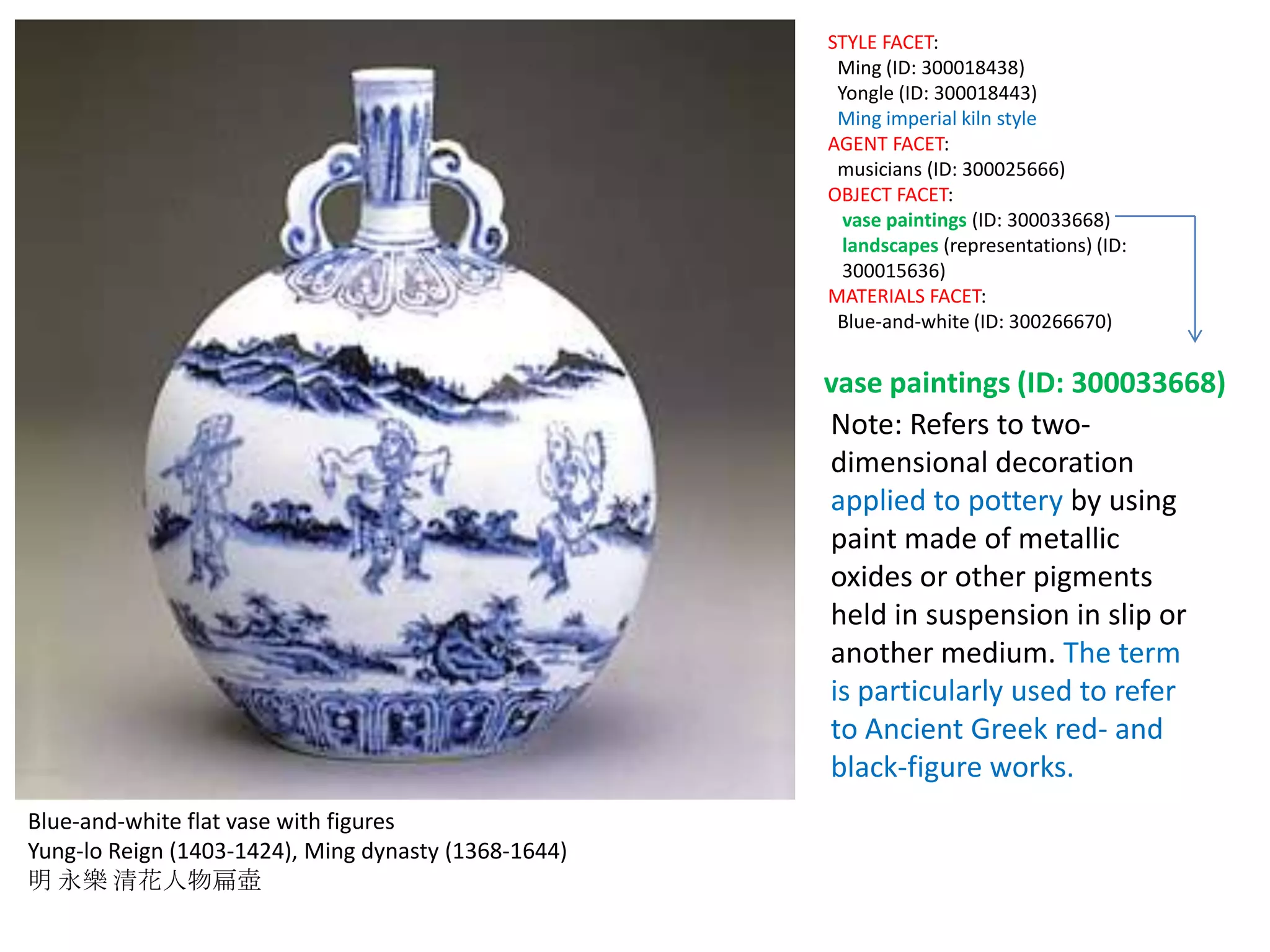 STYLE FACET:
Ming (ID: 300018438)
Yongle (ID: 300018443)
Ming imperial kiln style
AGENT FACET:
musicians (ID: 300025666)
OBJECT FACET:
vase paintings (ID: 300033668)
landscapes (representations) (ID:
300015636)
MATERIALS FACET:
Blue-and-white (ID: 300266670)

vase paintings (ID: 300033668)
Note: Refers to twodimensional decoration
applied to pottery by using
paint made of metallic
oxides or other pigments
held in suspension in slip or
another medium. The term
is particularly used to refer
to Ancient Greek red- and
black-figure works.
Blue-and-white flat vase with figures
Yung-lo Reign (1403-1424), Ming dynasty (1368-1644)
明 永樂 清花人物扁壺

 