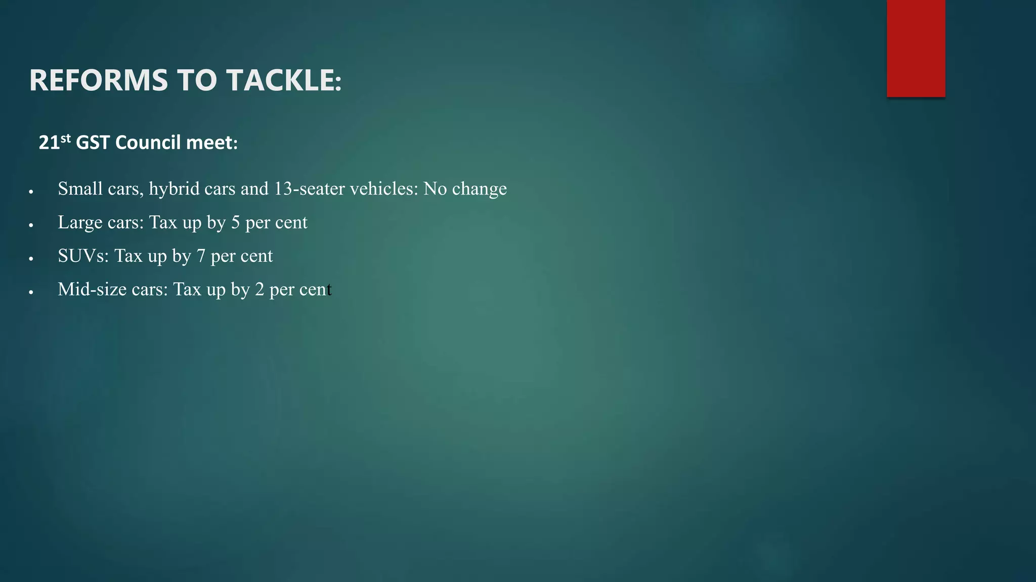 REFORMS TO TACKLE:
21st GST Council meet:
 Small cars, hybrid cars and 13-seater vehicles: No change
 Large cars: Tax up by 5 per cent
 SUVs: Tax up by 7 per cent
 Mid-size cars: Tax up by 2 per cent
 