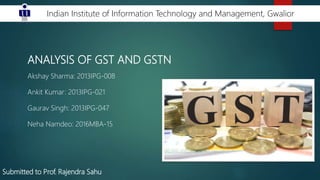 ANALYSIS OF GST AND GSTN
Akshay Sharma: 2013IPG-008
Ankit Kumar: 2013IPG-021
Gaurav Singh: 2013IPG-047
Neha Namdeo: 2016MBA-15
ABV- Indian Institute of Information Technology and Management, Gwalior
Submitted to Prof. Rajendra Sahu
 
