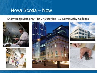 Nova Scotia – Now
Knowledge Economy 10 Universities 13 Community Colleges
 