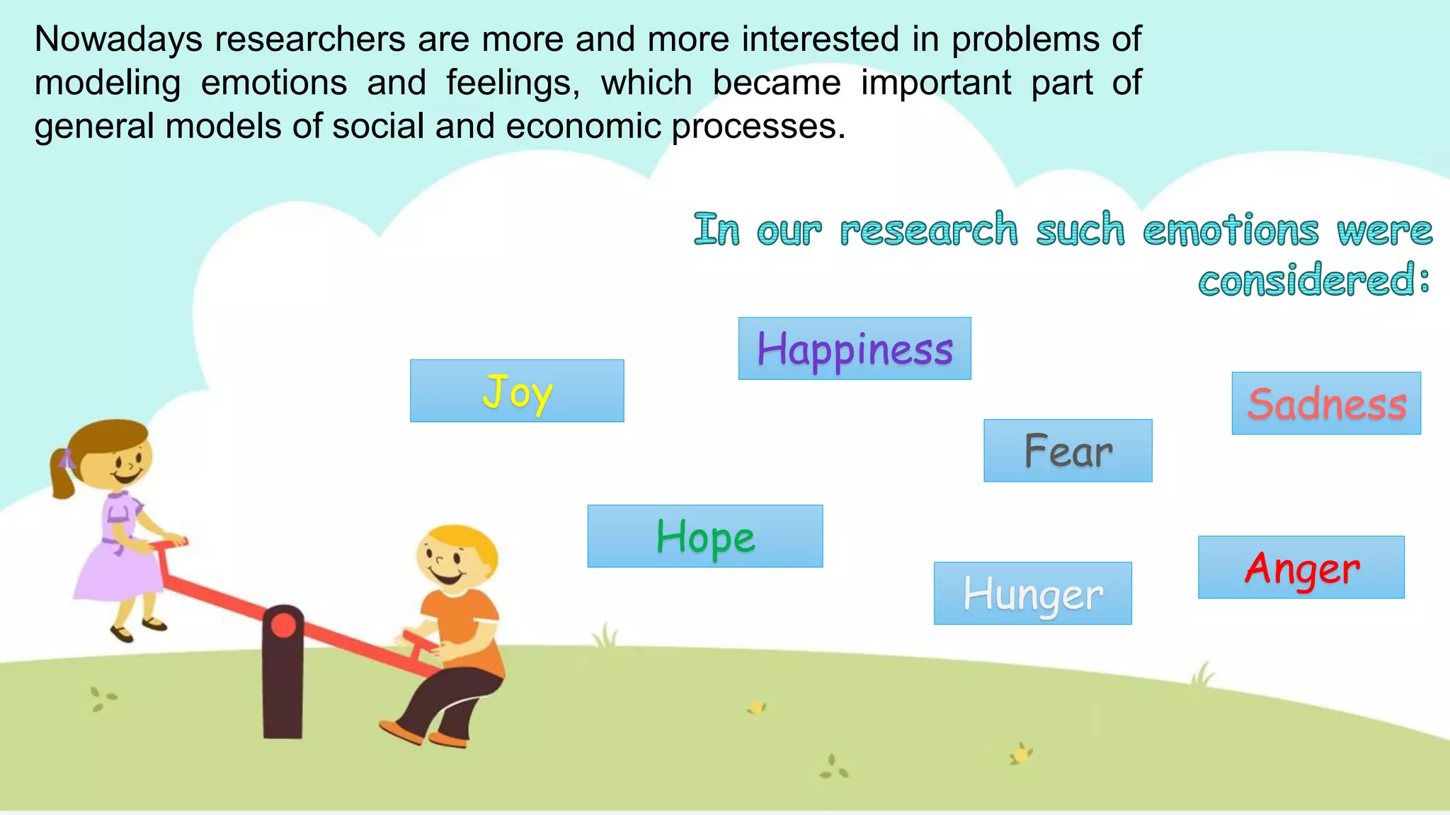 Nowadays researchers are more and more interested in problems of
modeling emotions and feelings, which became important part of
general models of social and economic processes.
Anger
Happiness
Hunger
Joy
Hope
Fear
Sadness
 