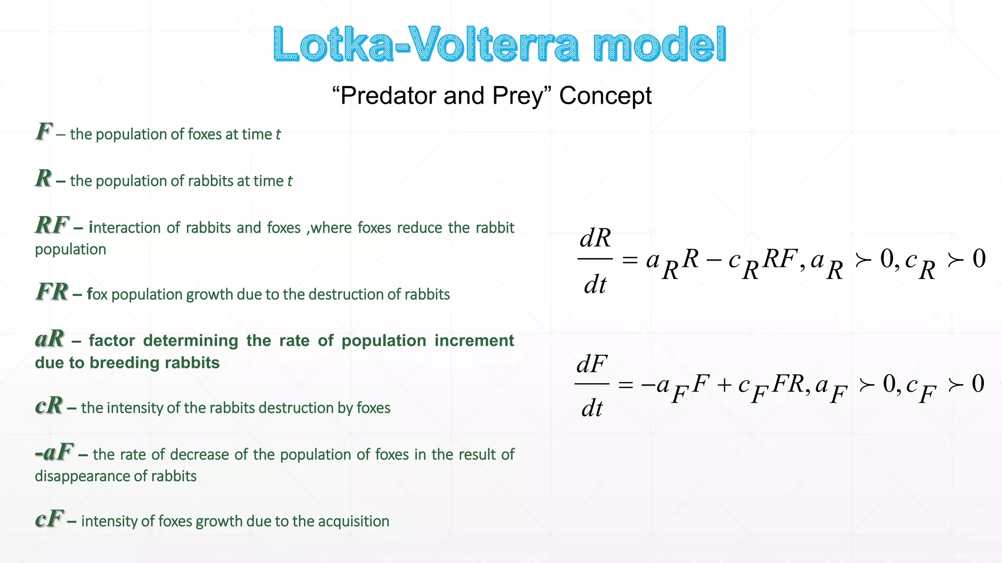 0,0,  RcRaRFRcRRa
dt
dR

0,0,  FcFaFRFcFFa
dt
dF

F – the population of foxes at time t
R – the population of rabbits at time t
RF – interaction of rabbits and foxes ,where foxes reduce the rabbit
population
FR – fox population growth due to the destruction of rabbits
aR – factor determining the rate of population increment
due to breeding rabbits
cR – the intensity of the rabbits destruction by foxes
-aF – the rate of decrease of the population of foxes in the result of
disappearance of rabbits
cF – intensity of foxes growth due to the acquisition
“Predator and Prey” Concept
 