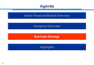Agenda

     Indian Financial Market Overview


           Company Overview


            Business Strategy


                Highlights




19
 