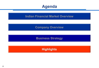 Agenda

     Indian Financial Market Overview


           Company Overview


            Business Strategy


                Highlights




23
 