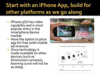    iPhone 3GS has video
    capability and is most
    popular entry in the
    smartphone device
    market
   Have the option to price
    app for free (with mobile
    ad revenue)
   Once technology is
    made available on other
    devices (such as
    Omnivision cameras),
    learning curve will not be
    as steep.
 