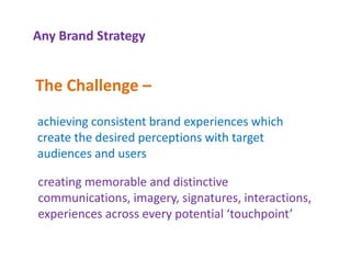 Any Brand Strategy


The Challenge –
The Challenge
achieving consistent brand experiences which 
  hi i         i t tb d         i        hi h
create the desired perceptions with target 
audiences and users 
audiences and users

creating memorable and distinctive 
       g
communications, imagery, signatures, interactions, 
experiences across every potential ‘touchpoint’
 
