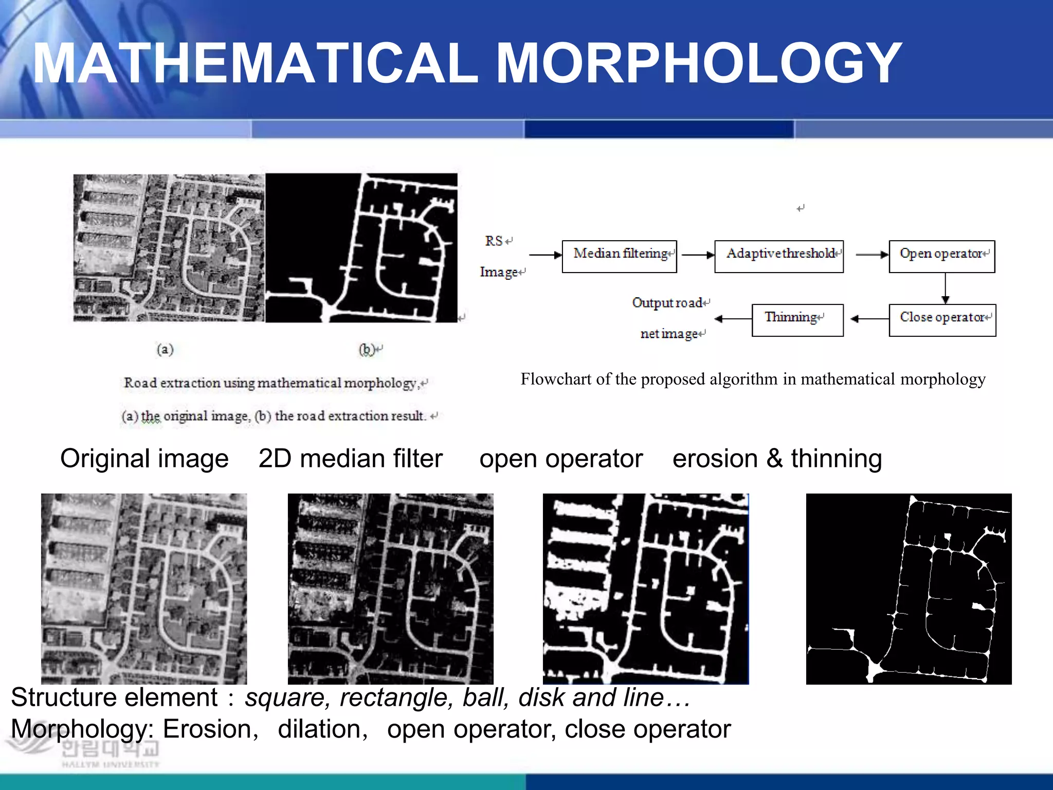 MATHEMATICAL MORPHOLOGYFlowchart of the proposed algorithm in mathematical morphologyOriginal image    2D median filter     open operator    erosion & thinningStructure element：square, rectangle, ball, disk and line…Morphology: Erosion，dilation，openoperator, close operator