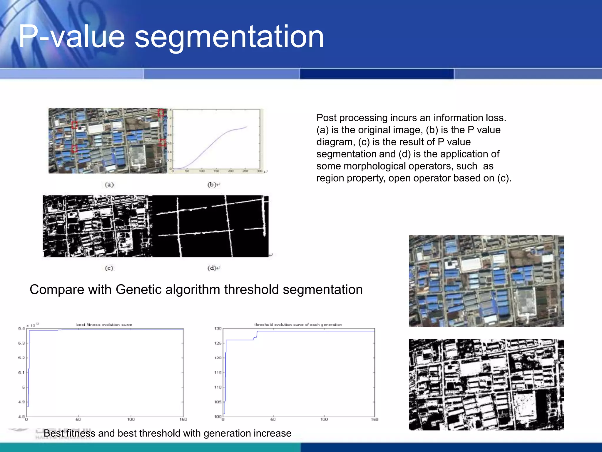 P-value segmentationPost processing incurs an information loss. (a) is the original image, (b) is the P value diagram, (c) is the result of P value segmentation and (d) is the application of some morphological operators, such  as region property, open operator based on (c).Compare with Genetic algorithm threshold segmentationBest fitness and best threshold with generation increase
