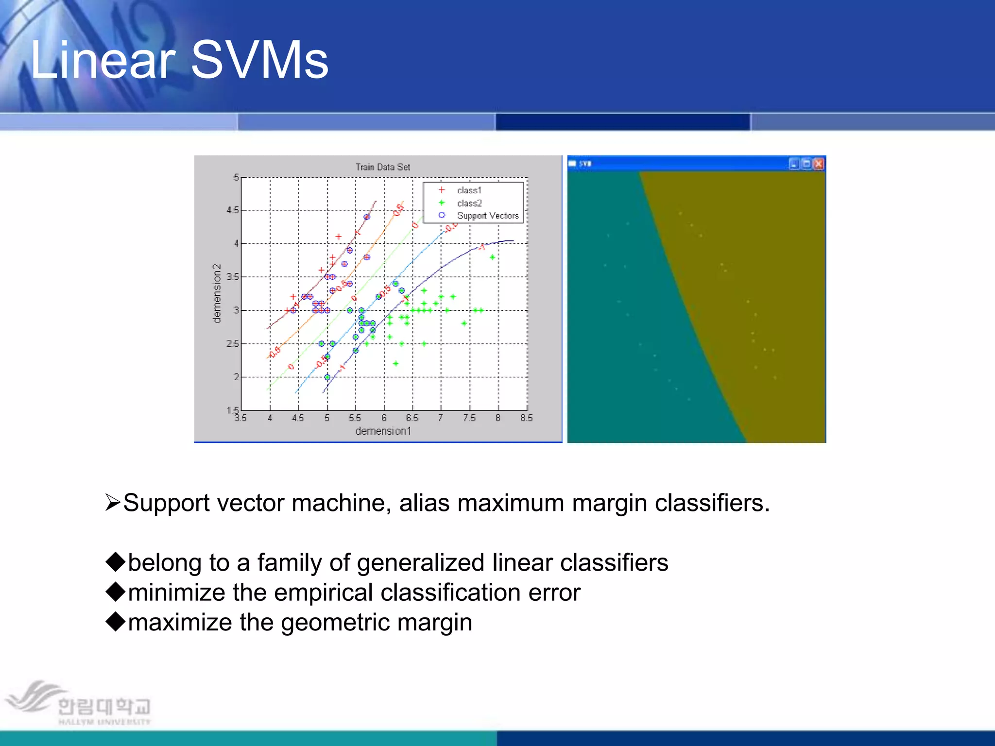 Linear SVMsSupport vector machine, alias maximum margin classifiers.