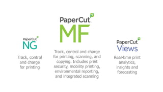 Track, control
and charge
for printing
Track, control and charge
for printing, scanning, and
copying. Includes print
security, mobility printing,
environmental reporting,
and integrated scanning
Real-time print
analytics,
insights and
forecasting
 