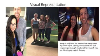 Visual Representation
Being an only child, my friends have always been
my whole world. Getting their support and love
helps me get through situations that I myself, may
not think I could make it through.
 