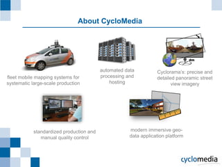 About CycloMedia




                                                                                  dm


                                          automated data          Cyclorama’s: precise and
fleet mobile mapping systems for          processing and          detailed panoramic street
systematic large-scale production             hosting                    view imagery




            standardized production and               modern immersive geo-
               manual quality control                 data application platform
 
