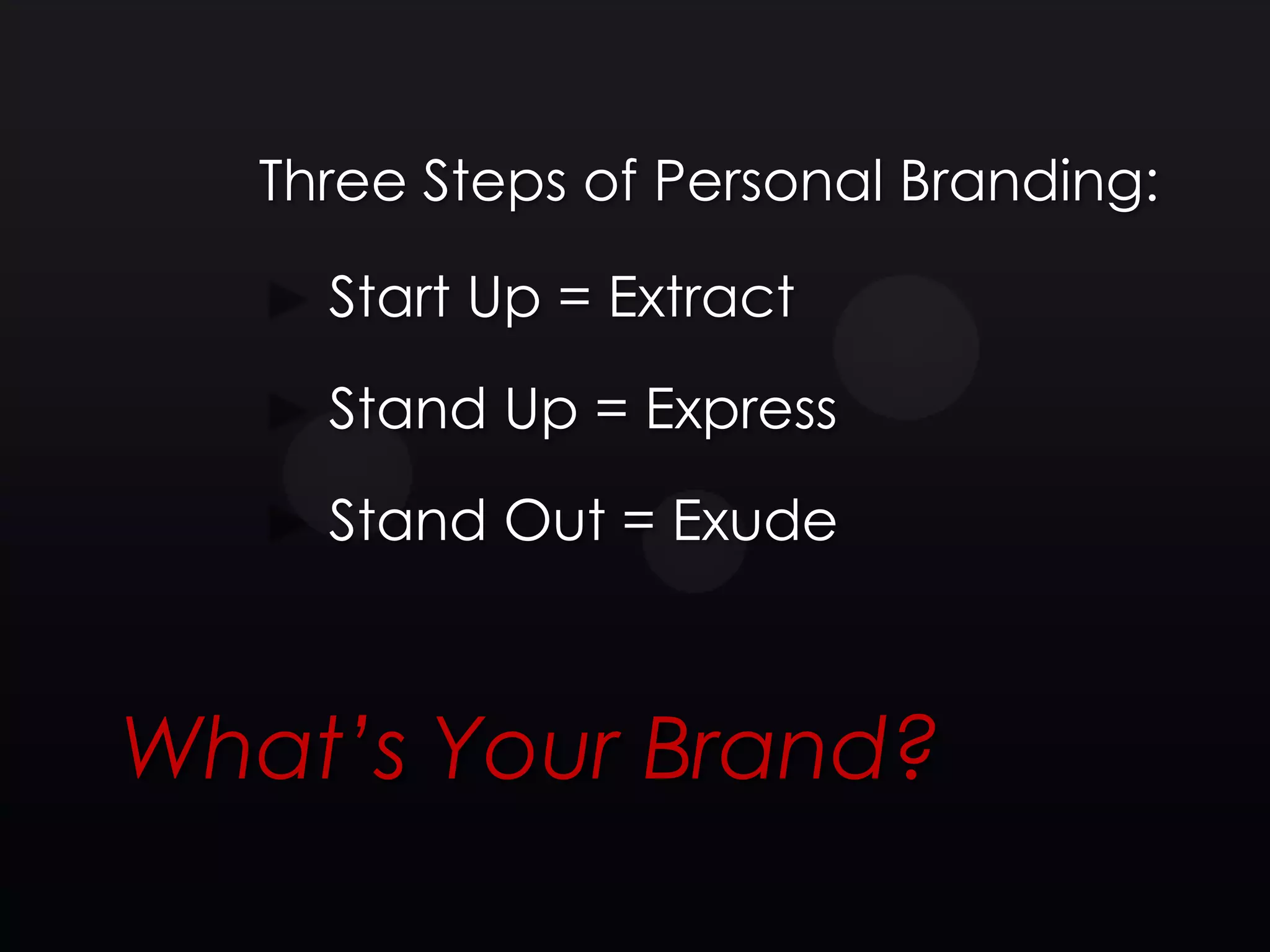 Three Steps of Personal Branding:

     Start Up = Extract
     Stand Up = Express
     Stand Out = Exude



What’s Your Brand?
 