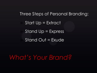 Three Steps of Personal Branding:

     Start Up = Extract
     Stand Up = Express
     Stand Out = Exude



What’s Your Brand?
 