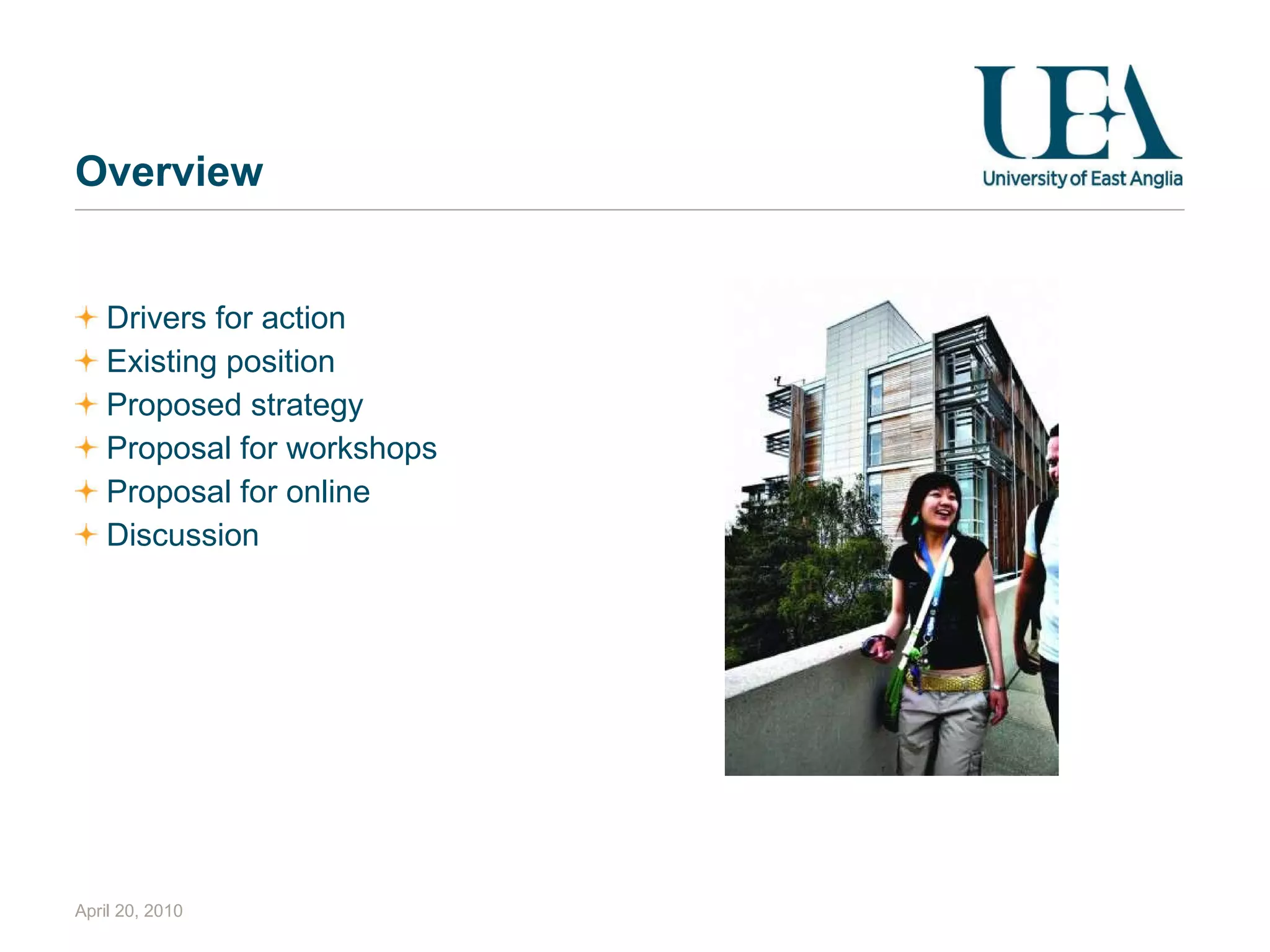 Overview Drivers for action Existing position Proposed strategy Proposal for workshops Proposal for online Discussion April 20, 2010 