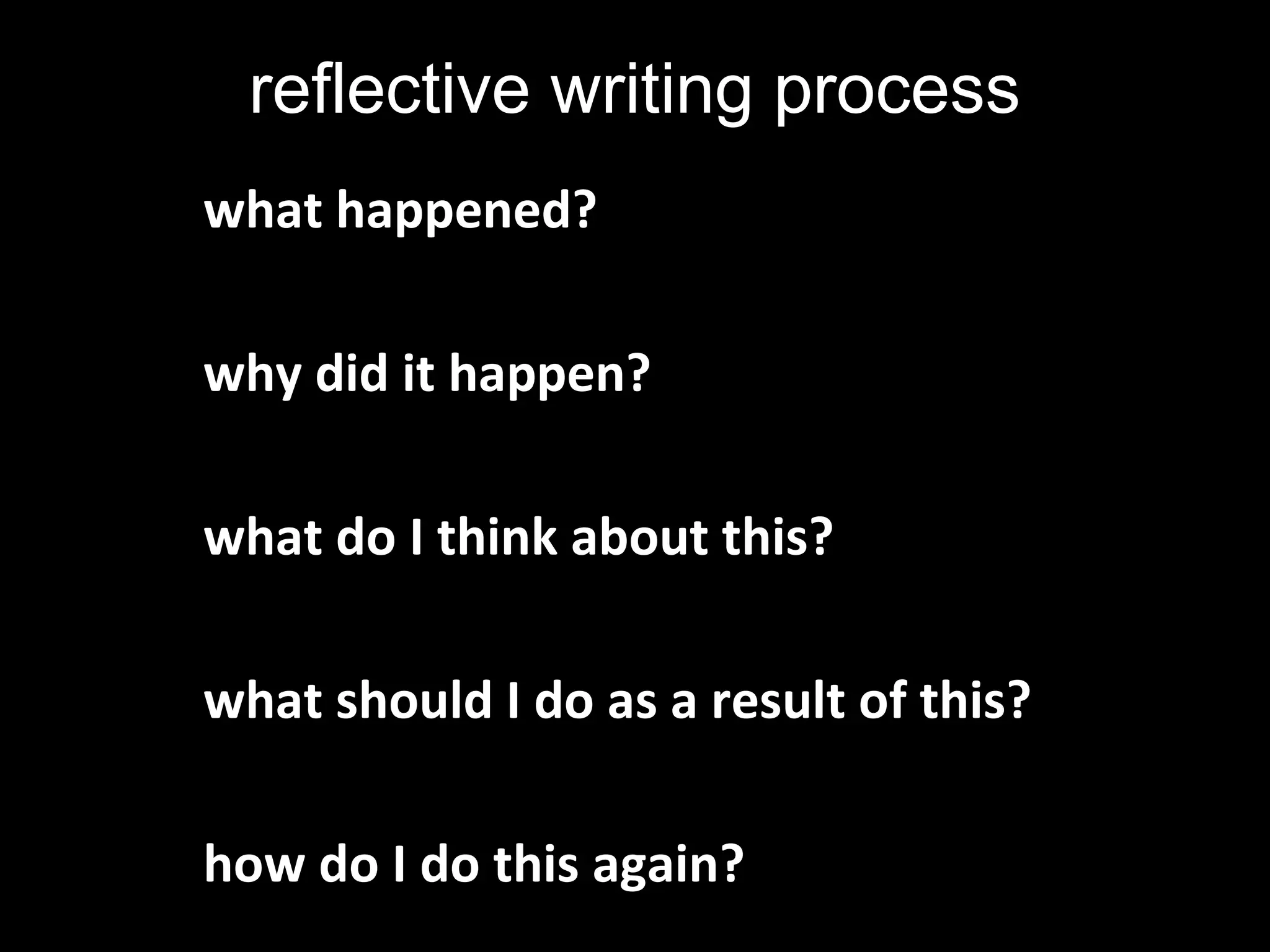 reflective writing process
what happened?
why did it happen?
what do I think about this?
what should I do as a result of this?
how do I do this again?
 