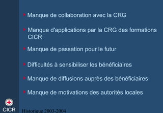 Historique 2003-2004
Manque de collaboration avec la CRG
Manque de passation pour le futur
Manque d'applications par la CRG des formations
CICR
Difficultés à sensibiliser les bénéficiaires
Manque de diffusions auprès des bénéficiaires
Manque de motivations des autorités locales
 