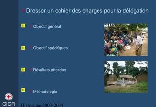 Historique 2003-2004
Dresser un cahier des charges pour la délégation
Objectif général
Objectif spécifiques
Résultats attendus
Méthodologie
 