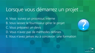 Lorsque vous démarrez un projet … 
A. Vous suivez un processus interne 
B. Vous laissez le fournisseur gérer le projet 
C. Vous préparez un devis 
D. Vous n’avez pas de méthodes définies 
E. Vous n’avez jamais eu à concevoir une formation  