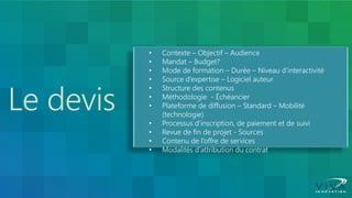 Le devis 
•Contexte – Objectif – Audience 
•Mandat – Budget? 
•Mode de formation – Durée – Niveau d’interactivité 
•Source d’expertise – Logiciel auteur 
•Structure des contenus 
•Méthodologie - Échéancier 
•Plateforme de diffusion – Standard – Mobilité (technologie) 
•Processus d’inscription, de paiement et de suivi 
•Revue de fin de projet - Sources 
•Contenu de l’offre de services 
•Modalités d’attribution du contrat  