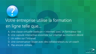 Votre entreprise utilise la formation en ligne telle que… 
A. Une classe virtuelle (webcan + internet) avec un formateur live 
B. Une capsule interactive visionnée sur internet au moment désiré 
C. Un vidéo sur l’intranet 
D. Une conversation Skype avec des collaborateurs ou un coach 
E. Pas encore utilisée  