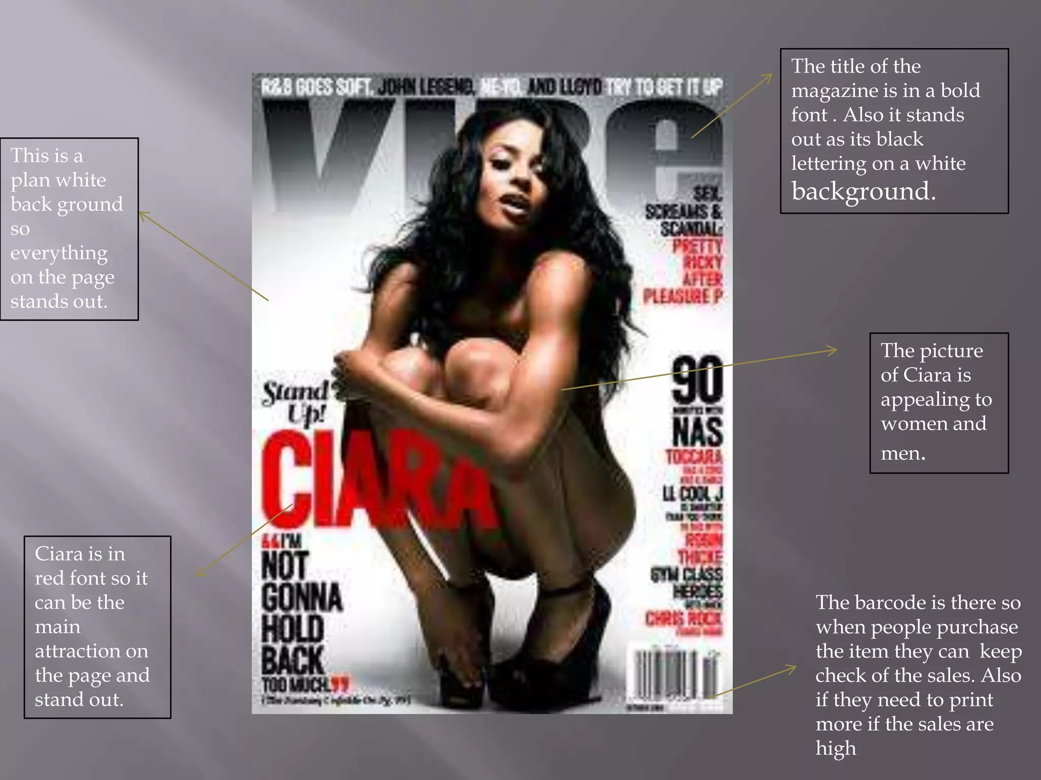 The title of the magazine is in a bold font . Also it stands out as its black lettering on a white background.This is a plan white back ground so everything on the page stands out.The picture of Ciara is appealing to women and men.Ciara is in red font so it can be the main attraction on the page and stand out.The barcode is there so when people purchase the item they can  keep check of the sales. Also if they need to print more if the sales are high